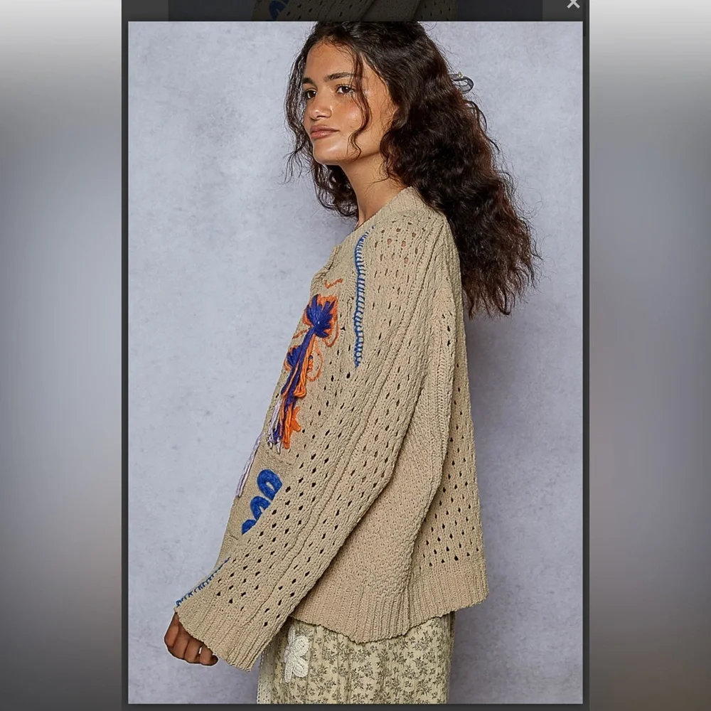 POL. Embroidered Cardigan with Frayed Edges - Picture 4 of 6